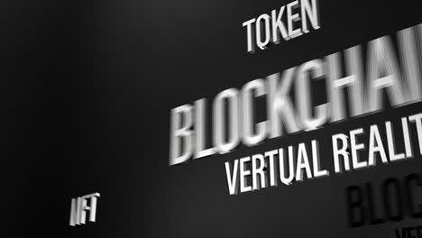 3d chrome text word cloud flying of blockchain application animation effect. 4k 3d animation of consulting concept word flying word effect element for intro, title banner. colorful retro gaming cons