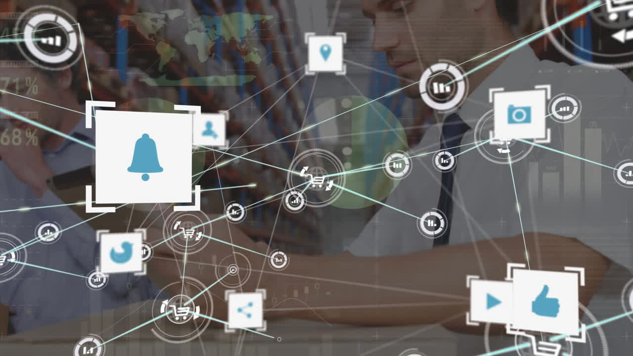 animación de la red de conexiones con iconos sobre el hombre que trabaja en el almacén