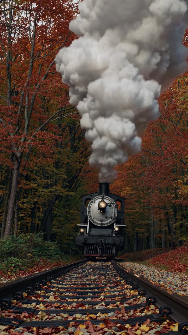 A low-angle video shot of a vintage steam train moving through a forest with vibrant autumn leaves