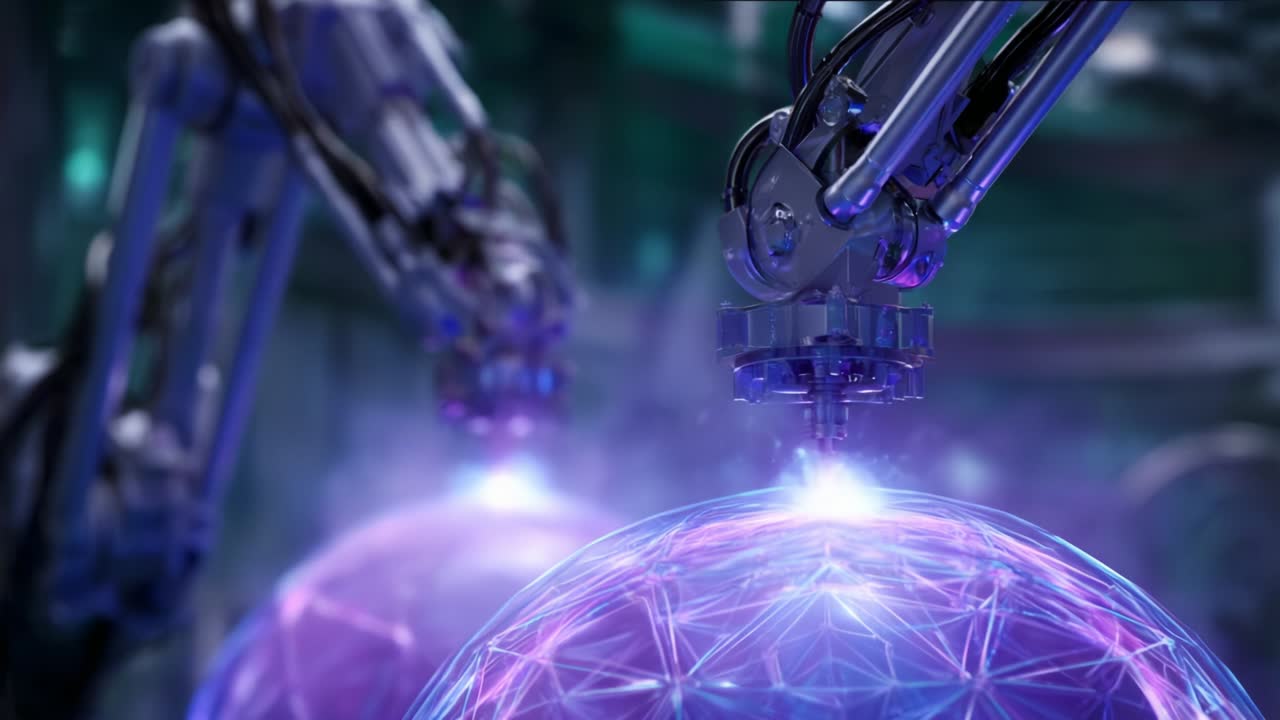 Advanced Robotic Arms Engaging with High-Tech Energy Spheres in a Futuristic Environment Showcasing Precision and Innovation in Automation and Robotics