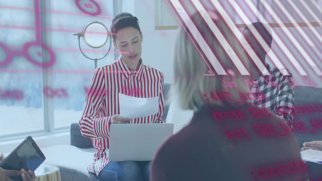 Animation of graph, globe and computer language over diverse coworkers discussing reports