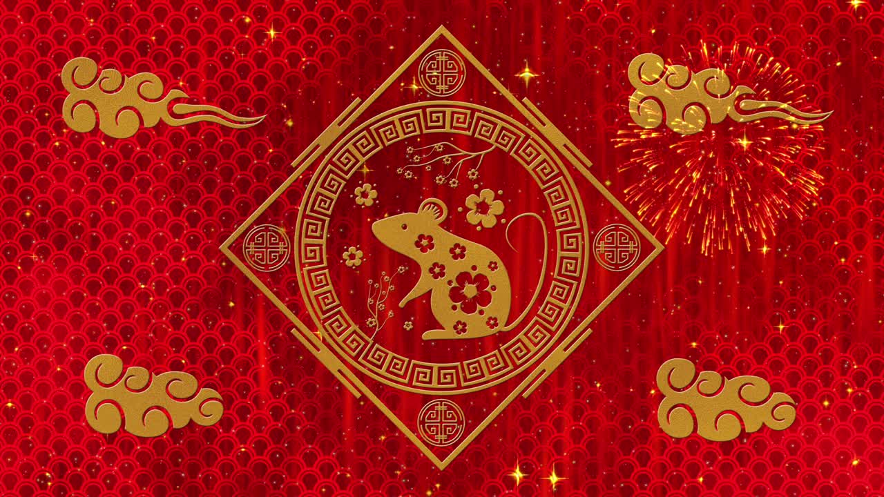 año nuevo lunar, fondo del festival de primavera con rata dorada, fuegos artificiales, estrellas relucientes, patrón de dragón. telón de fondo de papel rojo del año nuevo chino para eventos de vacaciones. animación de renderización 3d. bucle sin costuras 4k