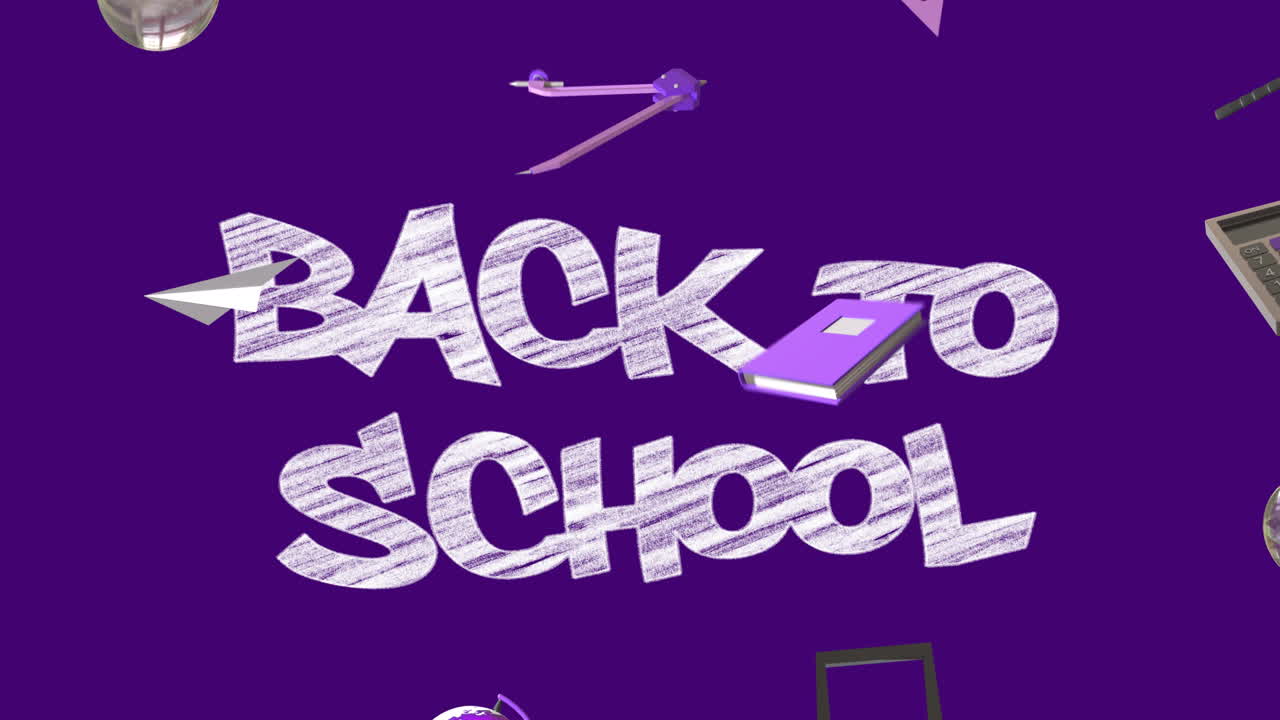 보라색 바탕에 학교로 돌아가는 교육 아이콘의 애니메이션