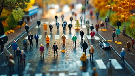 crowd of miniature figures crossing a city street in autumn