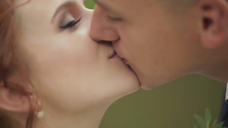 Groom-with-bride-making-a-kiss-near-lake-in-the-park.-Wedding-couple