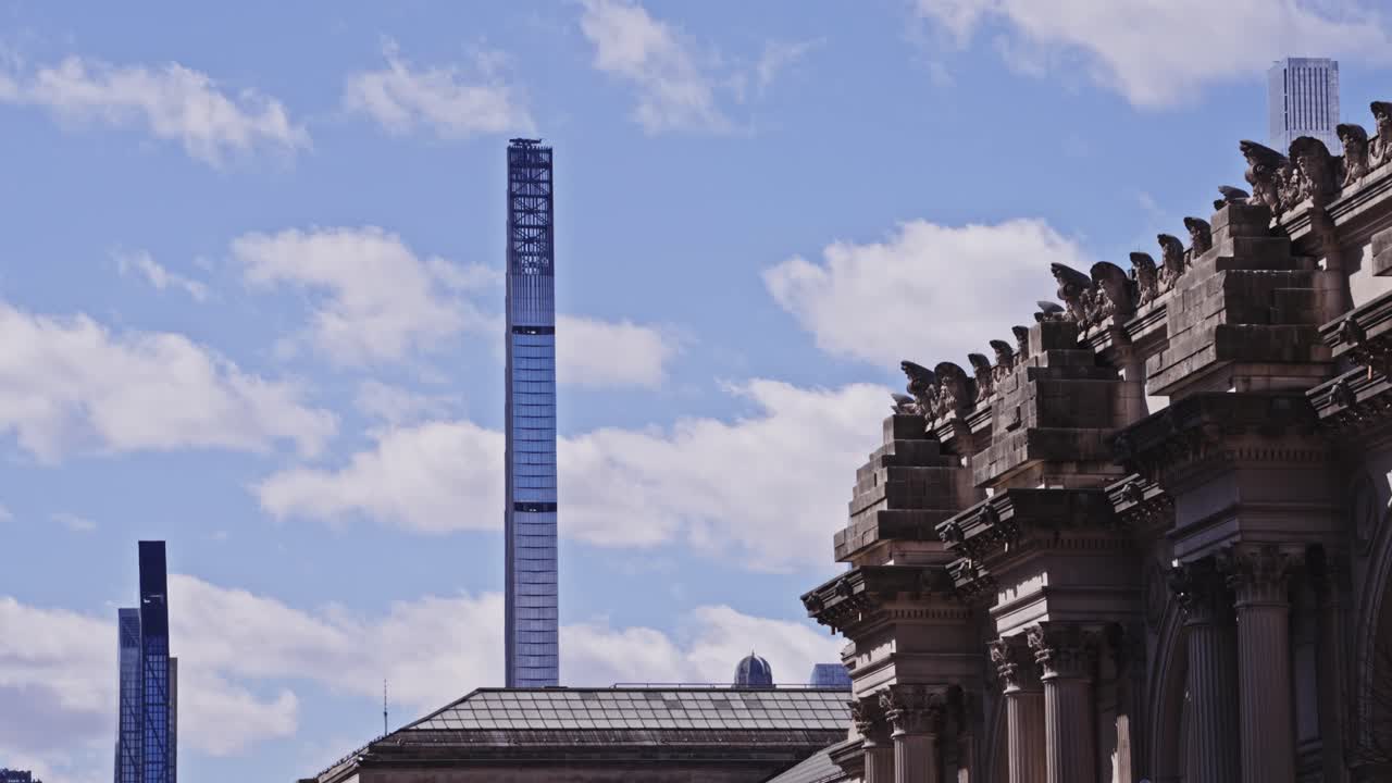 A visual contrast between the classical stone facade of the Met Museum and the soaring modern skyscrapers of Manhattan’s Billionaires’ Row