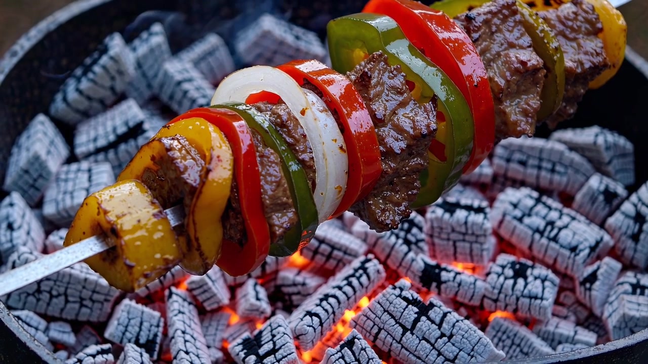 Barevný šiš kebab s masem a zeleninou grilovaný nad žhavým uhlím