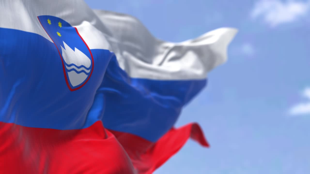 은 날 에 바람 에 흔들리는 슬로베니아 의 국기 의 세부 사항