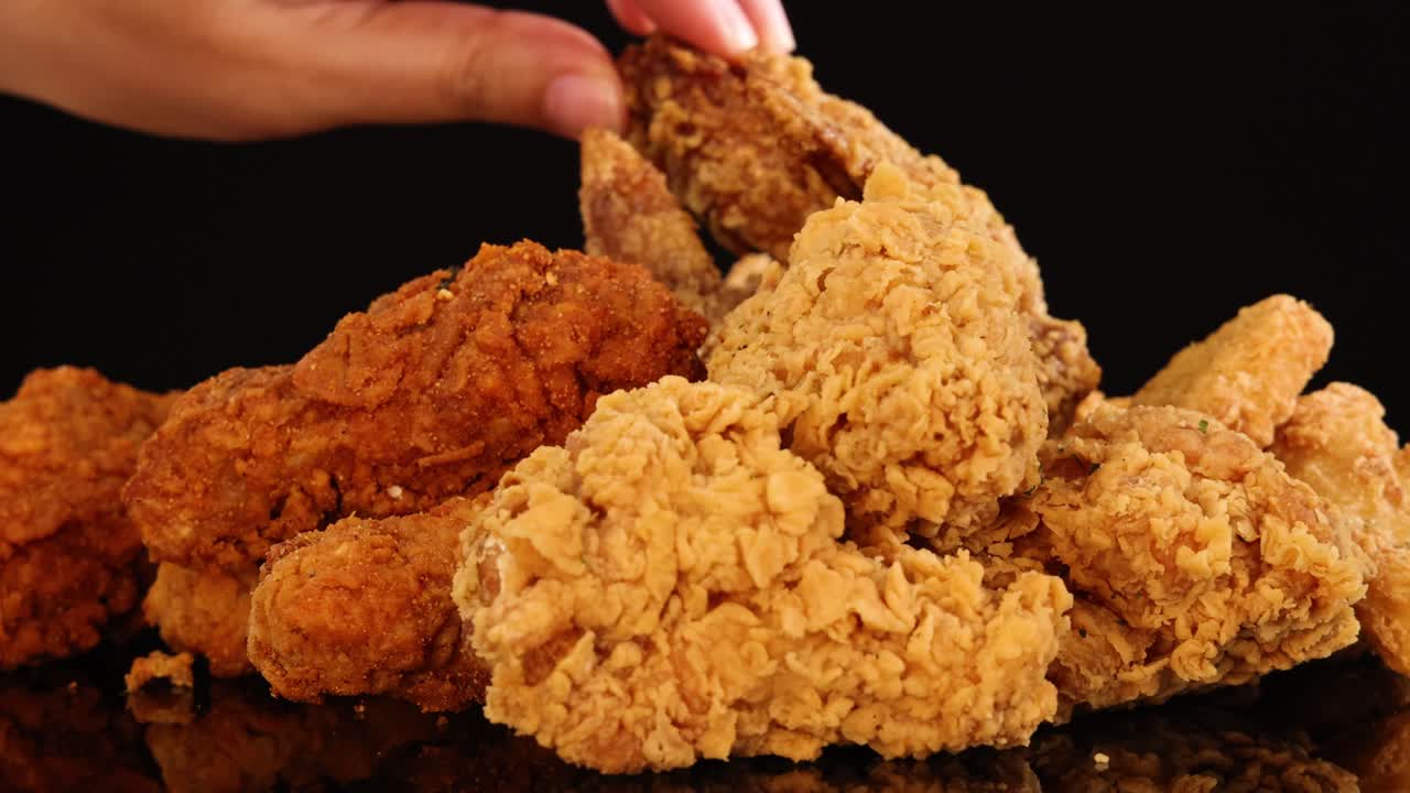 A hand reaches into a pile of assorted crispy fried chicken wings, drumsticks, and nuggets under studio lighting, removing pieces against a glossy black backdrop
