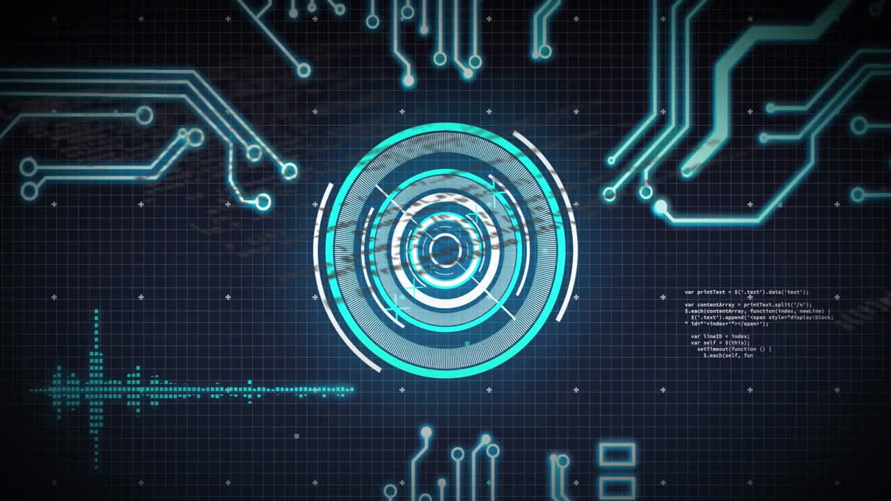 Animation of futuristic digital interface with glowing blue circuits and central target