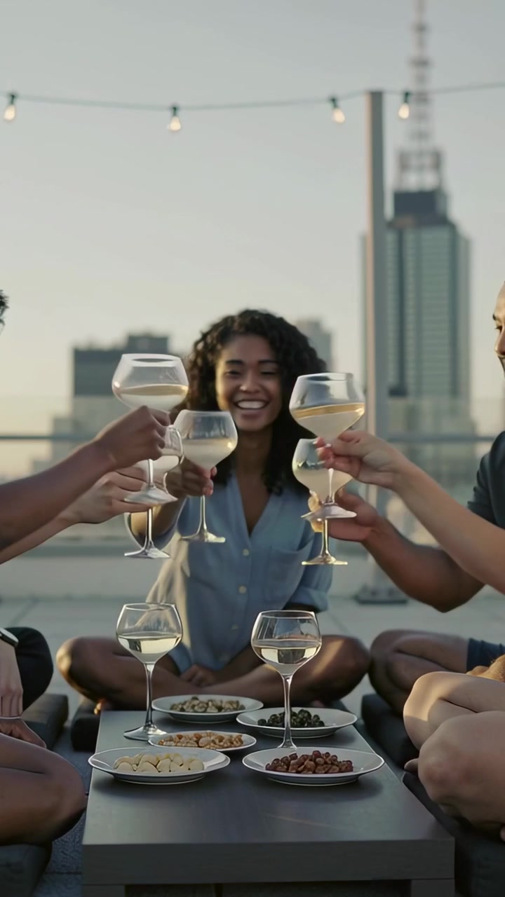 Vertical video: Smiling woman in light-blue shirt leading friends in toasting on rooftop with wine