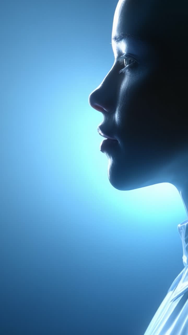 Captivating Profile Portrait in Soft Blue Light: An Artistic Representation of Contemplation and Serenity Captured in Two Frames