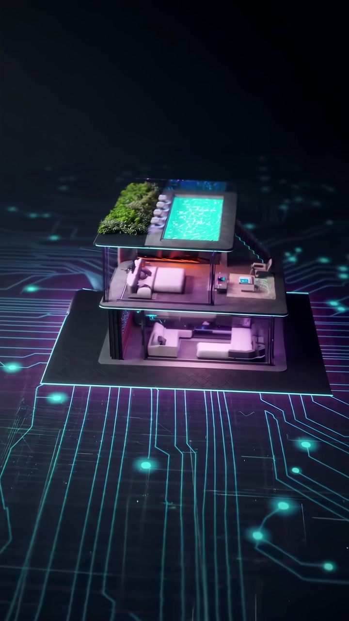 Modellino di casa moderna in miniatura su circuito stampato digitale