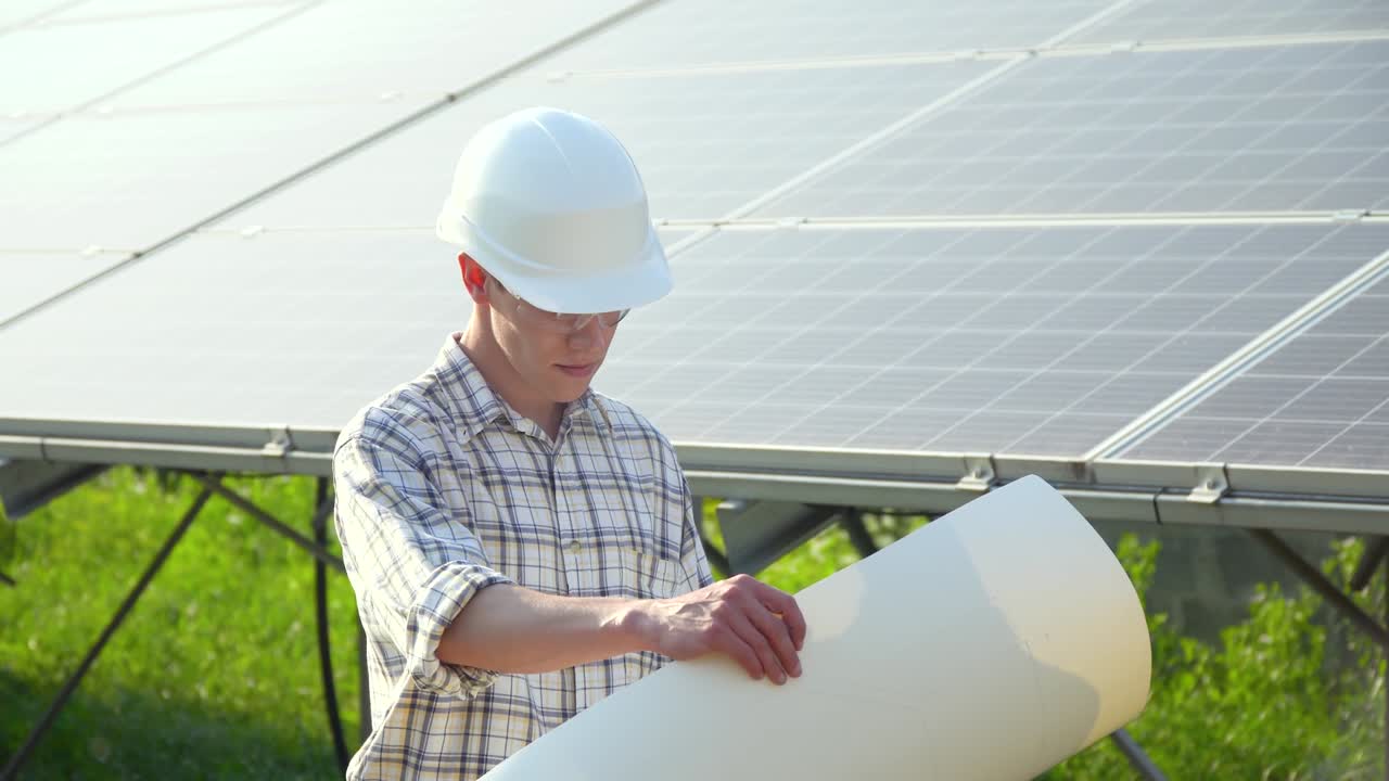 Engineer in a white helmet is at the solar power station. Green energy concept
