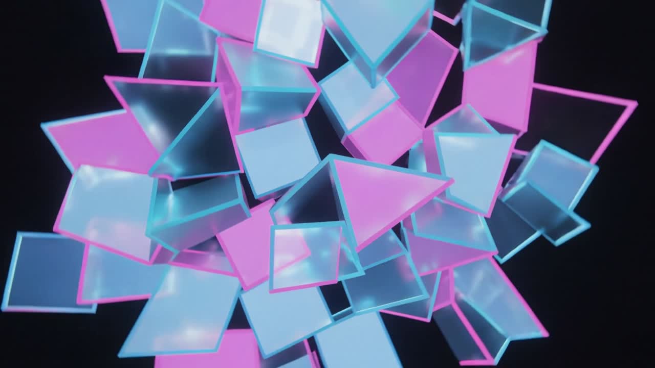 Rotating cluster shifting in void animation starting showing core triangle cyan edges magenta faces