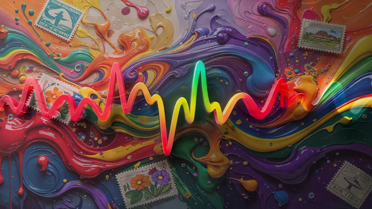Vibrant Abstract Rainbow Waveform with Colorful Paint Swirls and Stamps