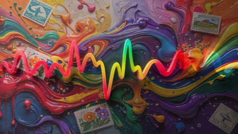 Vibrant Abstract Rainbow Waveform with Colorful Paint Swirls and Stamps