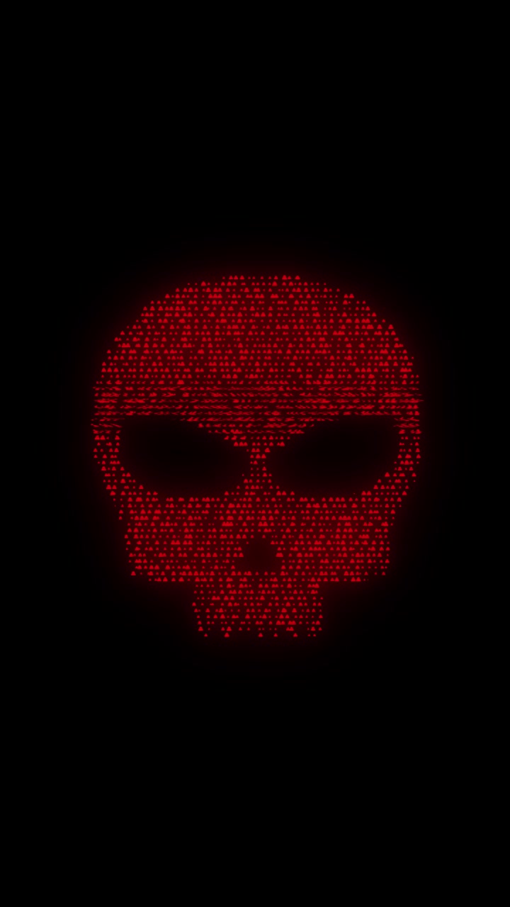 Rød advarselsbaggrund med digitalt kranie med glødende trekantede pixels sort rum og mørk cyberfare
