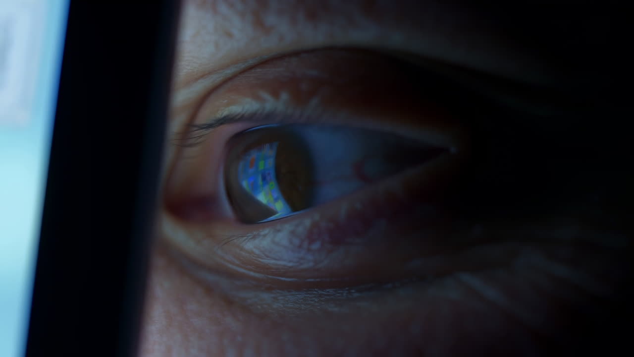 Primo piano occhio riflesso sul bagliore dello schermo, atmosfera di sorveglianza tesa, colori dell'interfaccia digitale riflessi nell'iride, luce fioca.