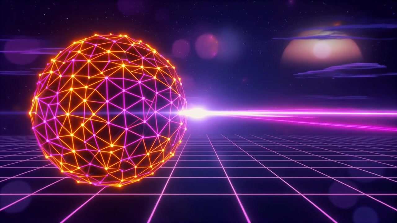Paesaggio Retro Synthwave con Sfera Wireframe Luminosa