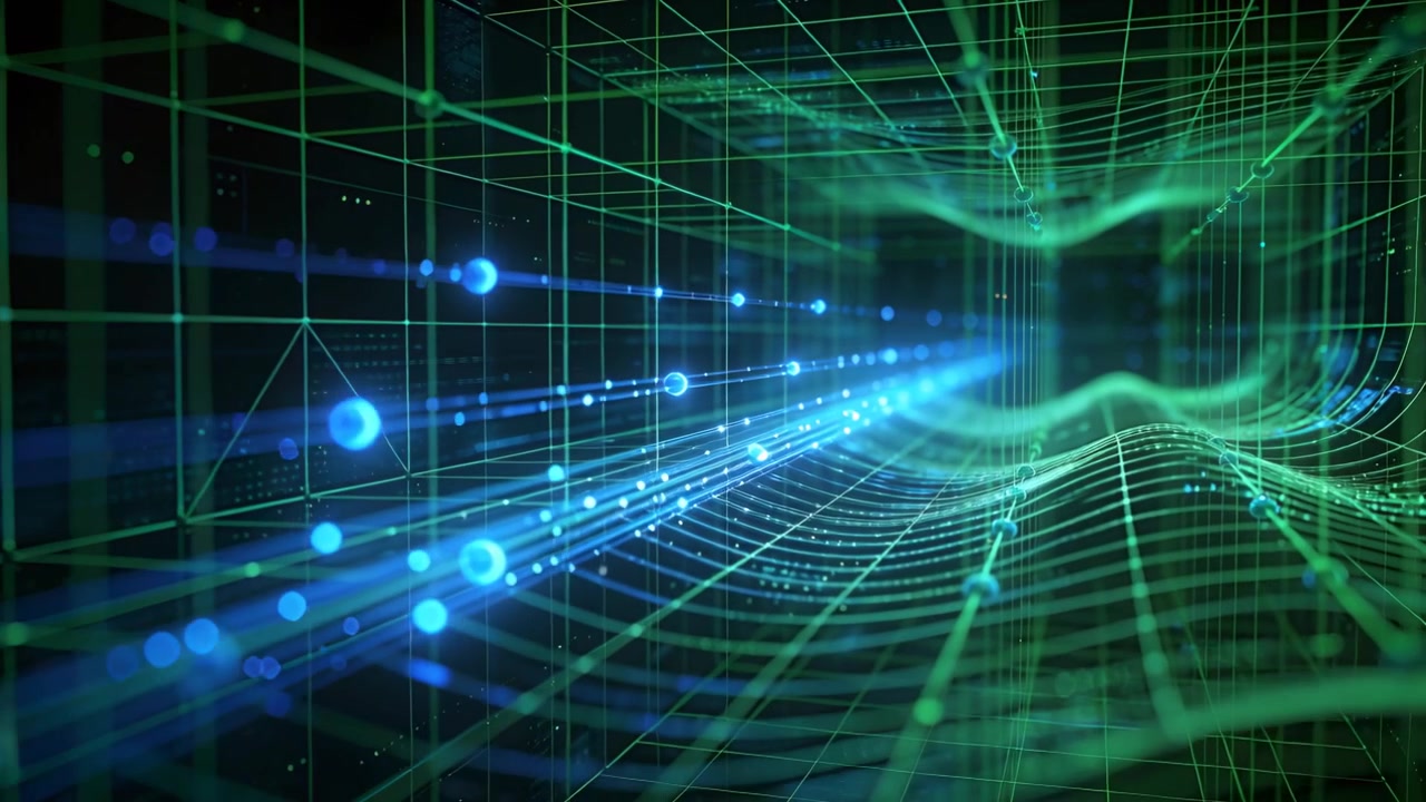 Appearing blue nodes starting data flow while streaming inward through green wireframe tunnel