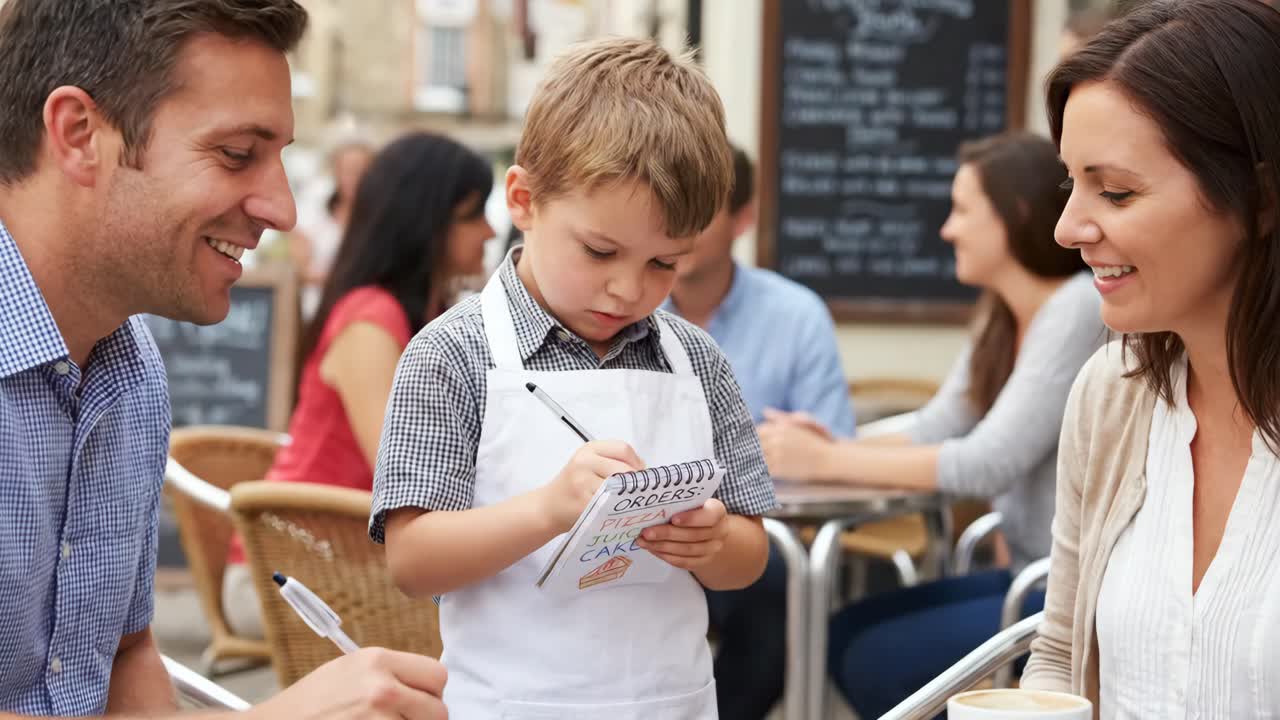 Famiglia felice con un bambino che fa il cameriere in un bar all'aperto