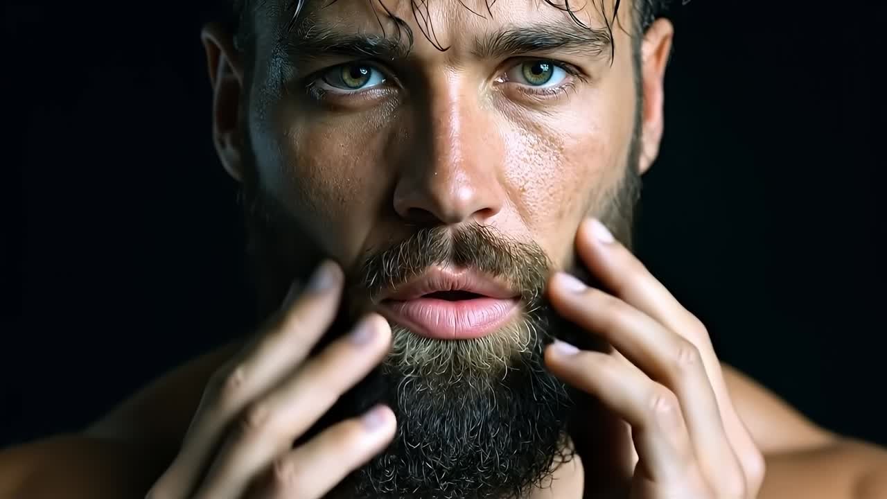 un hombre con barba cubriendo los ojos con las manos