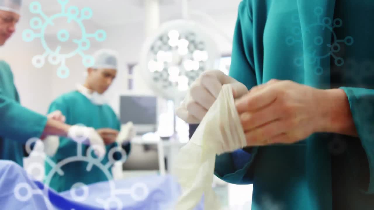 animación de células de covid 19 en movimiento sobre cirujanos con máscaras faciales