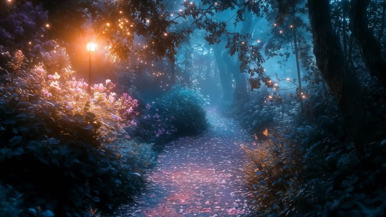 A dreamy, enchanted forest path at dusk, captured from a low angle