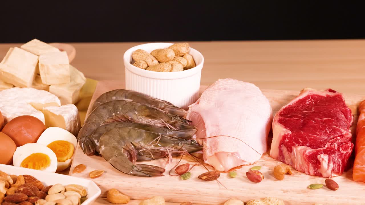 다양한 고기, 견과류, 해산물 전시