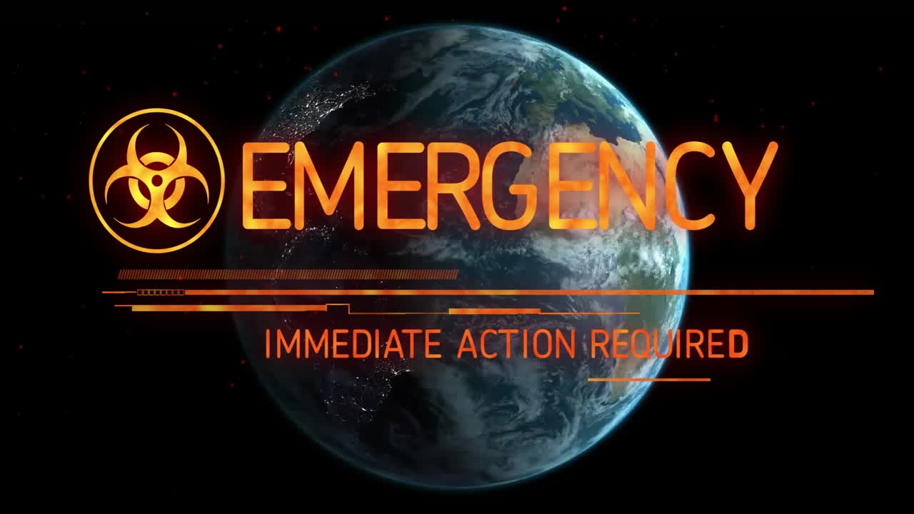 A fronte di un pericolo, un globo 3D con icona di rischio biologico pulsante, che si trasforma in "EMERGENZA", con testo sfarfallante che richiede un'azione.