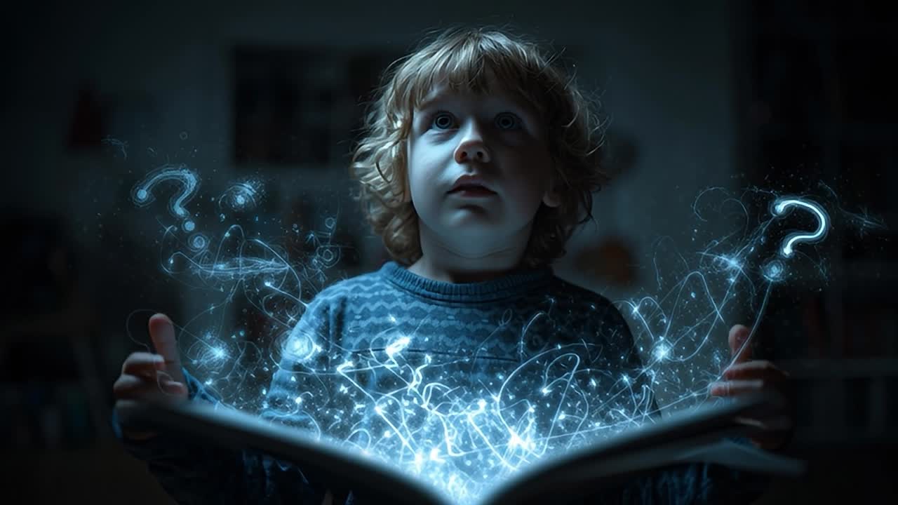 Un bambino interagisce con un libro di fiabe magico in una stanza poco illuminata.