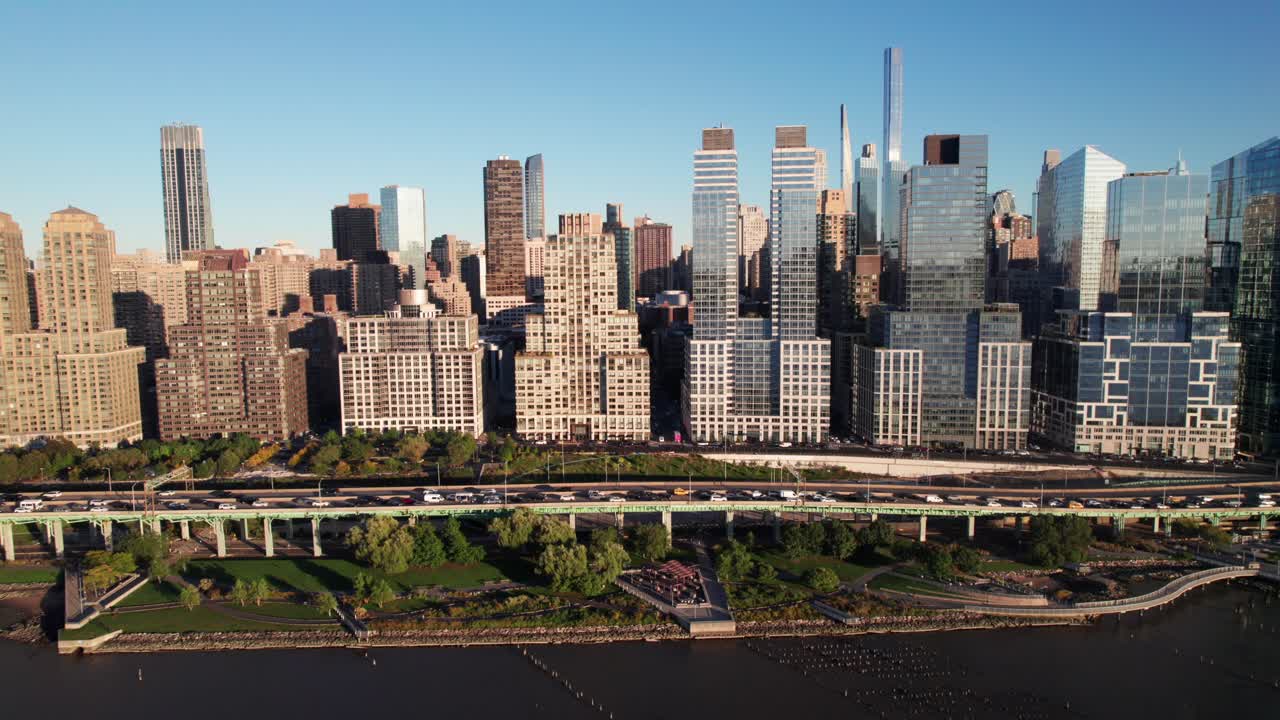Midtown Manhattan, pristine 4K aerial along Hudson River