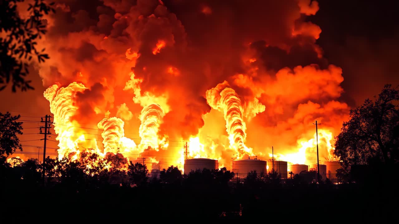 큰 불이 도시 위의 밤하늘에서 불타고 있습니다.