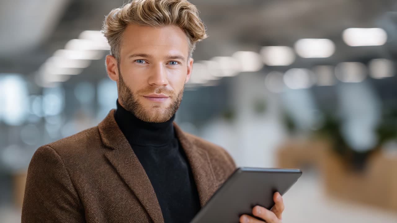 Confident Young Man in Business Attire Engaged with Digital Tablet in Modern Office Environment, Showcasing Professionalism and Modern Technology Adaptability