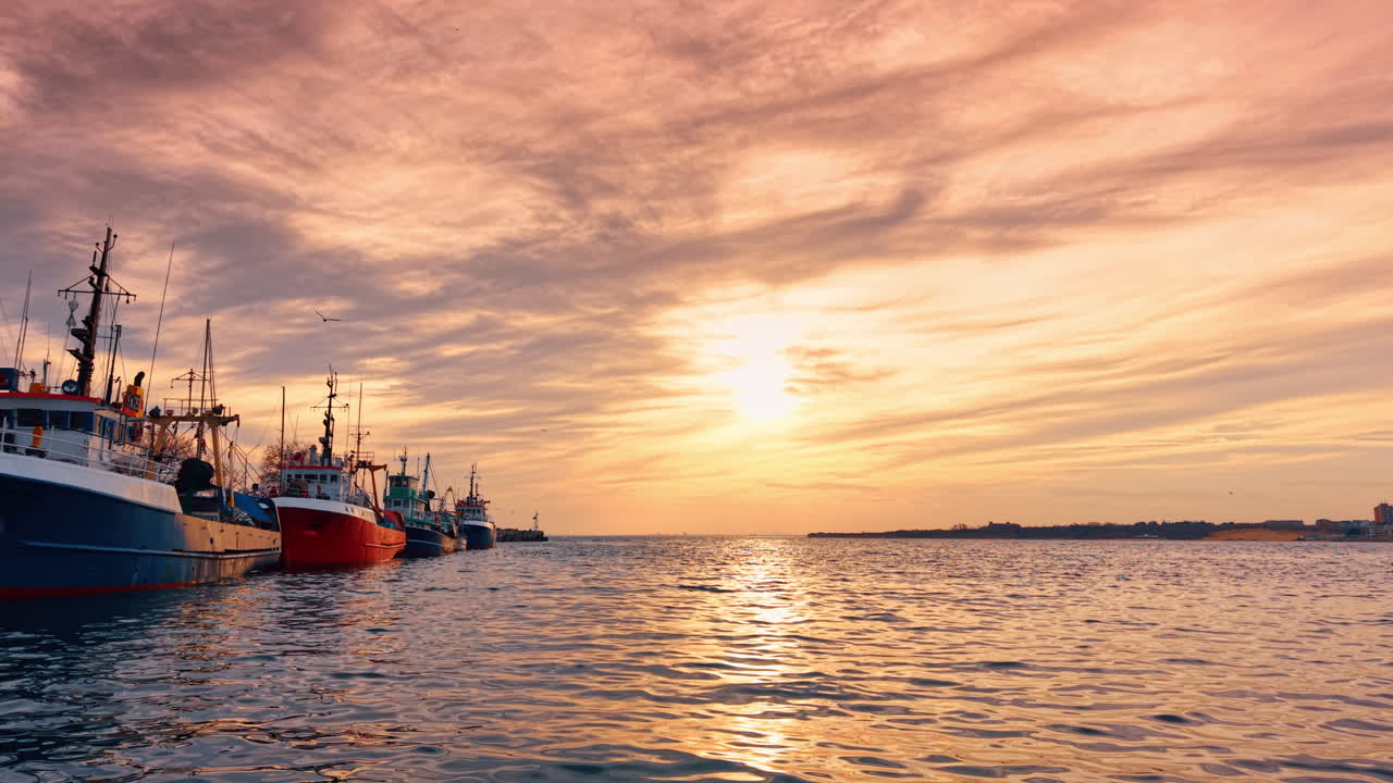 Grandi pescherecci al molo durante il tramonto con uccello. Navi da pesca professionali ormeggiate alla banchina con un singolo uccello che vola nel cielo arancione del tramonto sul mare