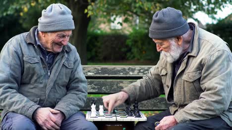 two elderly men enjoy a game of chess in the park, sharing laughter and wisdom while strategizing moves on a vibrant chessboard