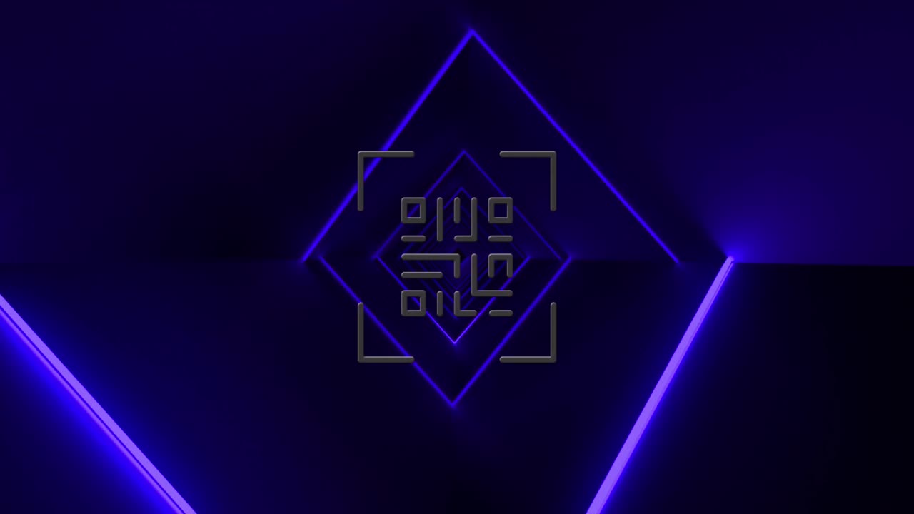 Animation af glødende QR-kode over en blå neonbaggrund.