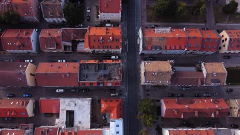 aerial top down side panning shot of the old town in klaipeda, lithuania