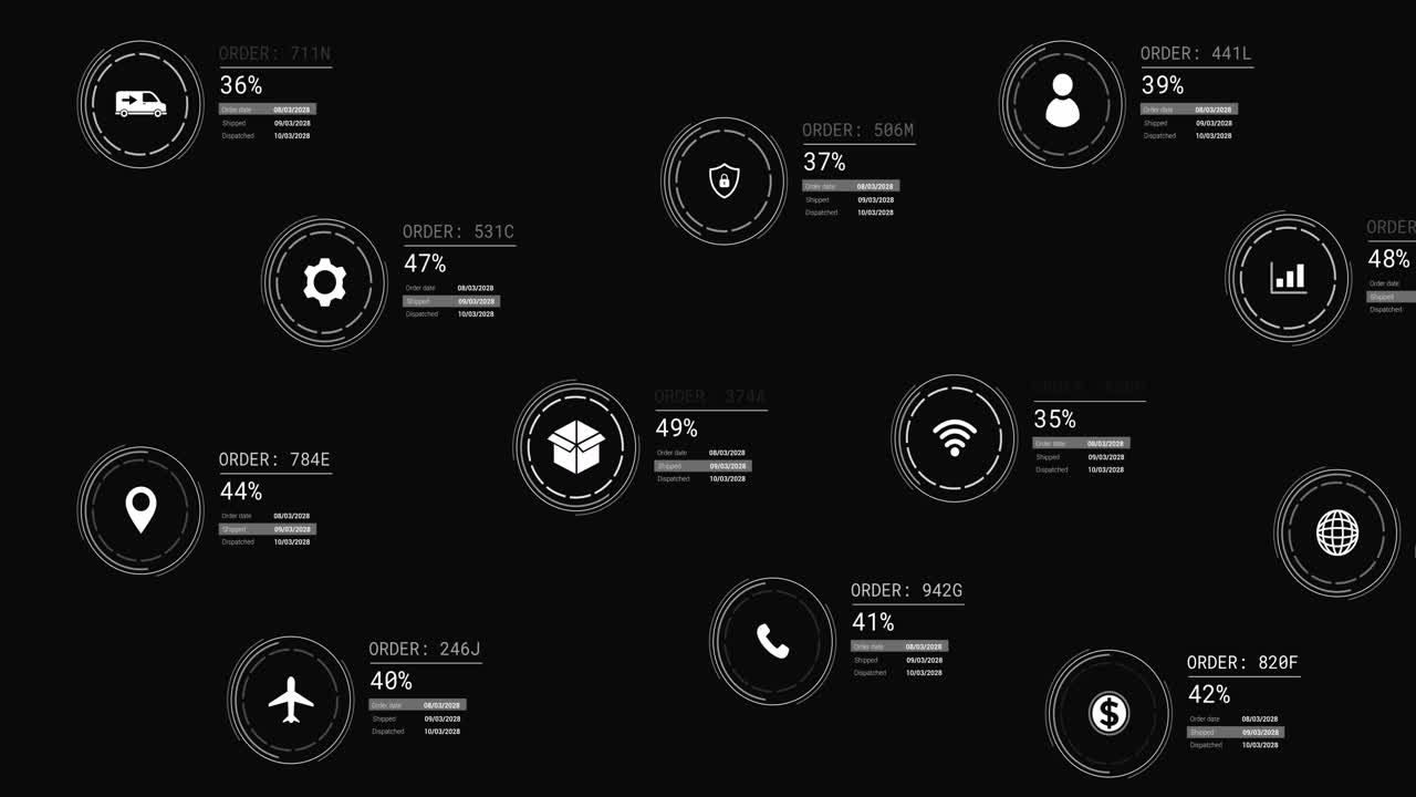 Animation of icons with data processing on black background
