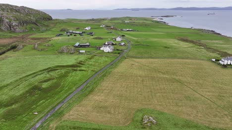 Aerial-View-of-Landscape-and-Village-Homes-on-Iona-Island,-Scotland-UK