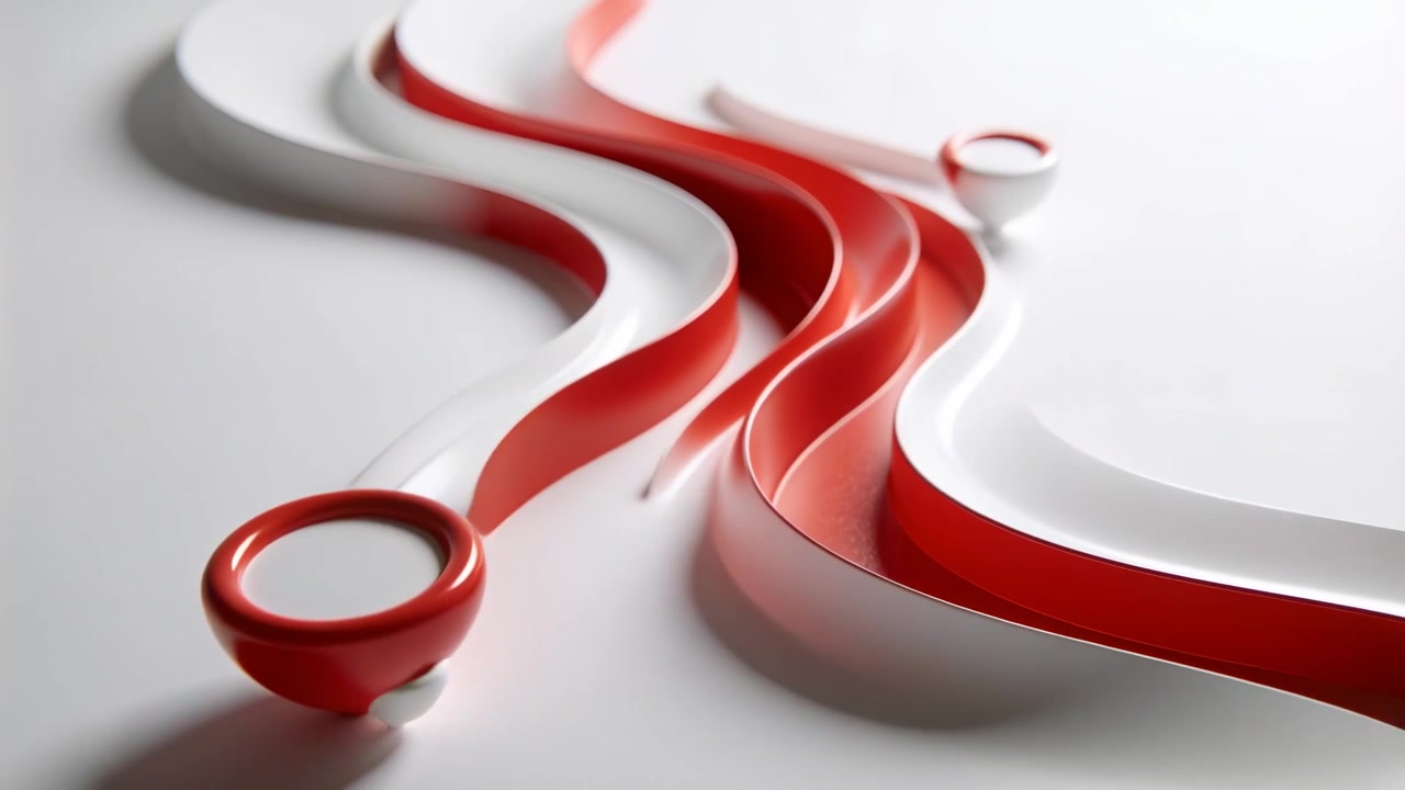 Rolling rings appearing near top, starting motion along red-inner white-top ribbon tracks in studio