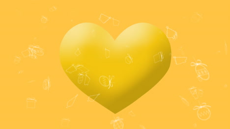 animation of white christmas icons falling over yellow heart emoji on yellow background