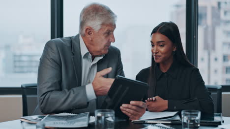 tablet, planning and business woman with manager