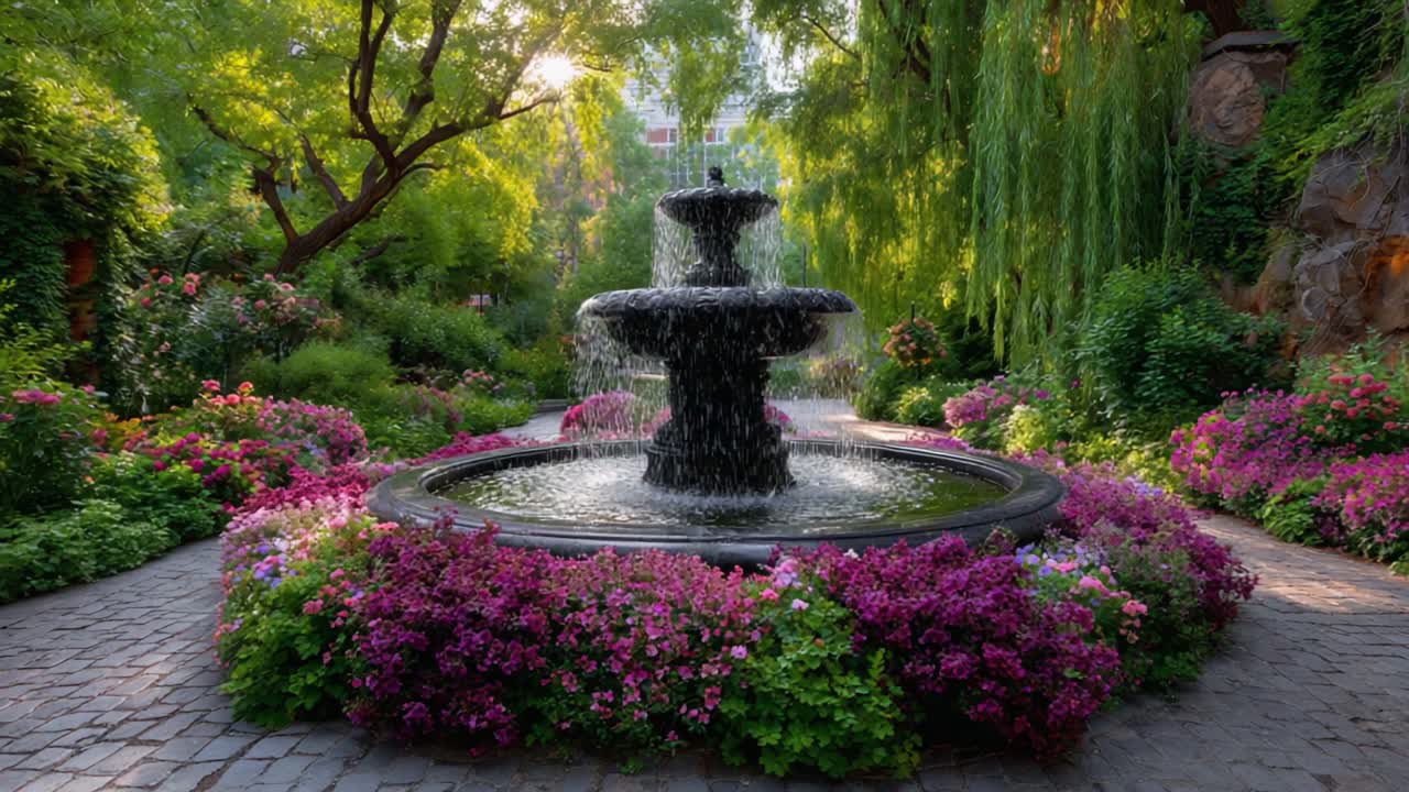 Una serena scena di giardino che presenta una fontana maestosa circondata da fiori vivaci e una vegetazione lussureggiante nella luce dorata del giorno.