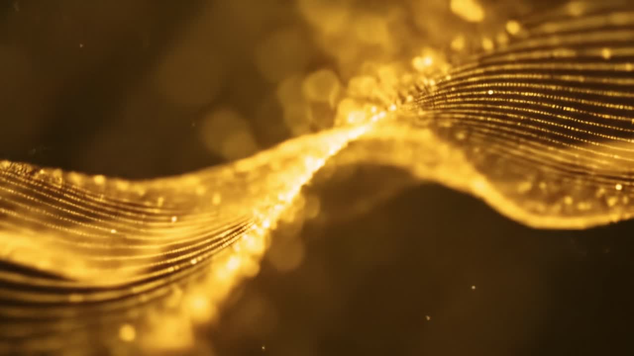 A series of shimmering golden waves dances across a dark background, creating vibrant light patterns that mesmerize the viewer. The fluid motion draws attention and evokes a sense of wonder.