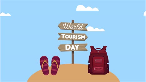 world tourism day lettering in arrows signal with travelbag