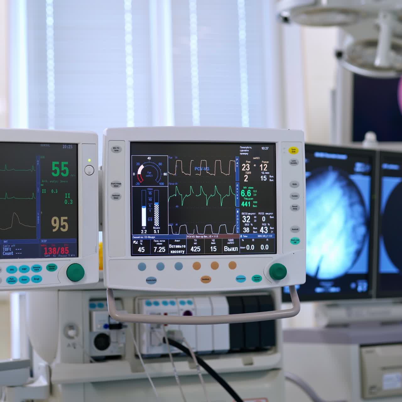 Mechanical ventilation equipment. Medical machine works in a ward during a surgery. COVID-19 and coronavirus identification.