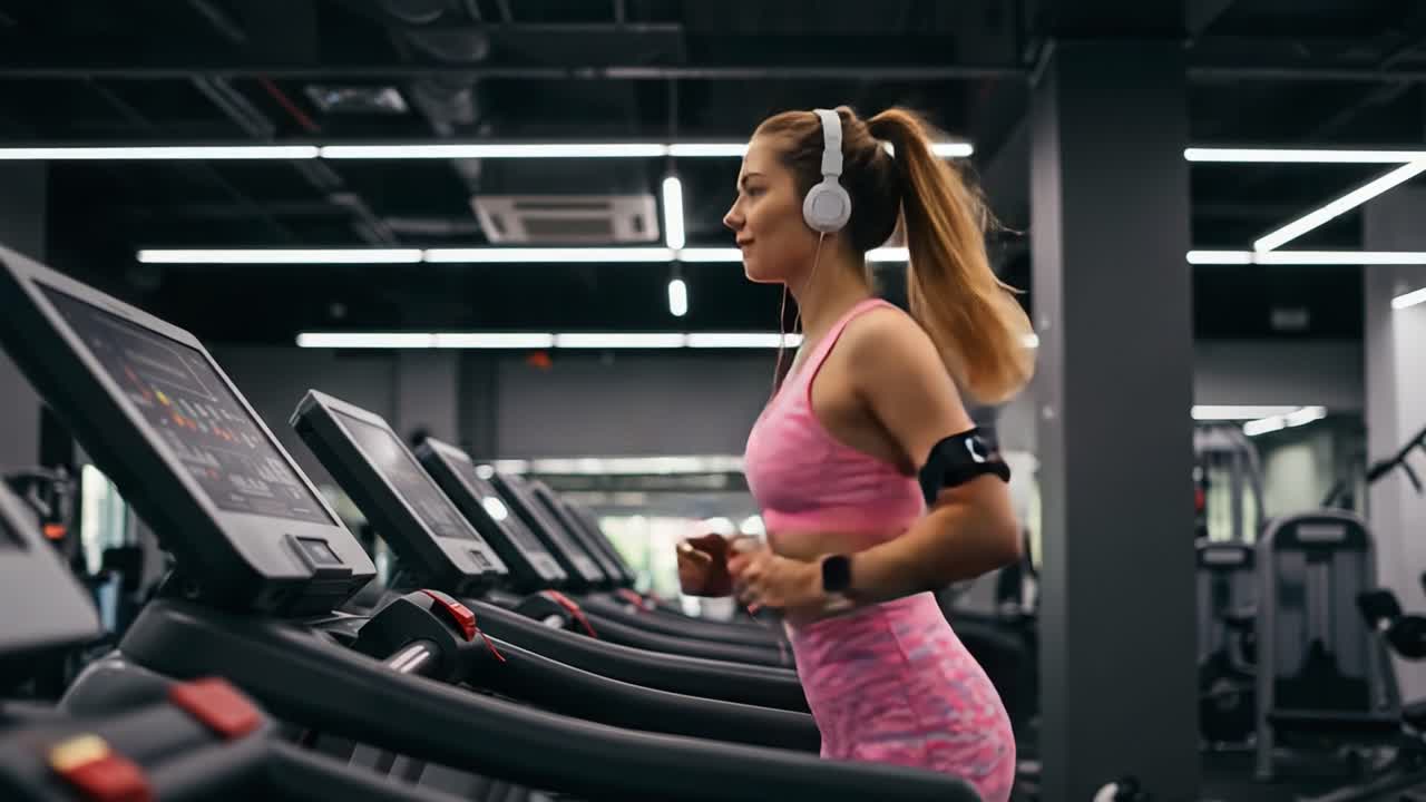 A Young Woman Jogging on a Treadmill in a Modern Gym, Enjoying Her Workout with Music, Wearing Headphones and Sporty Attire, Embracing Fitness and Well-Being