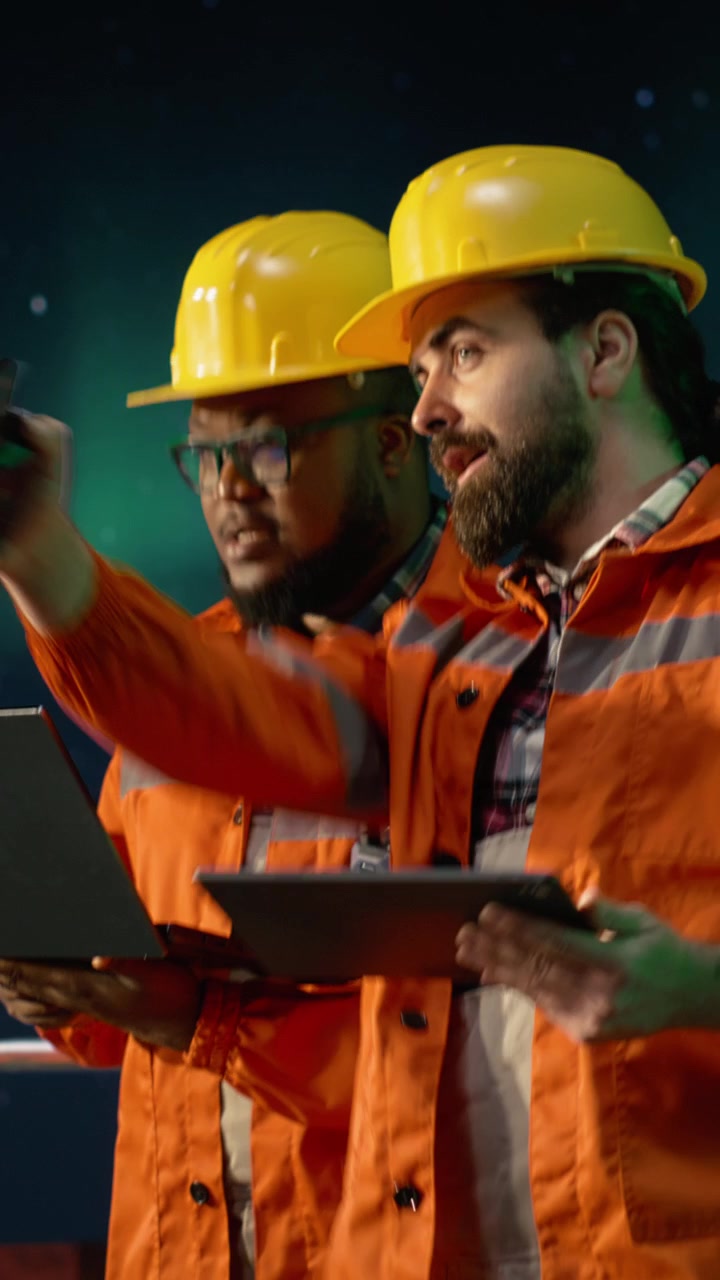 Vertical video Analyzing oil crisis logistics, laptop and drilling barge engineering team
